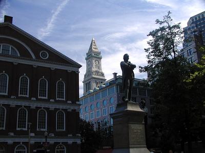 John Adams statue in front of Faneuil Hall & Customs tower