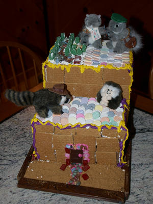 The stuffed animals visit the gingerbread house