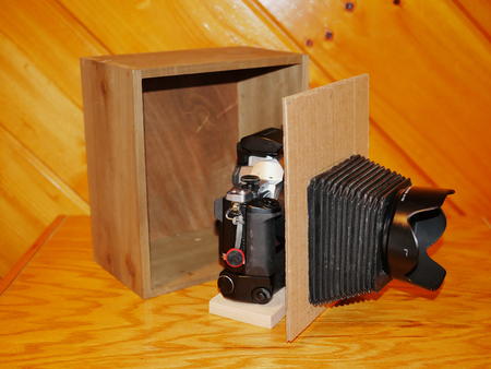 Cardboard prototype front piece for E-m5 mark I bellows