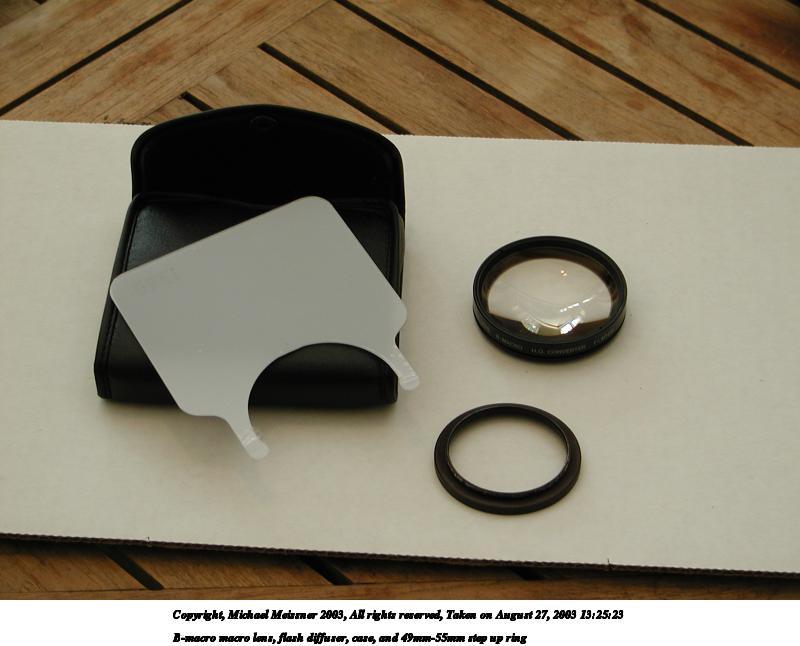 B-macro macro lens, flash diffuser, case, and 49mm-55mm step up ring