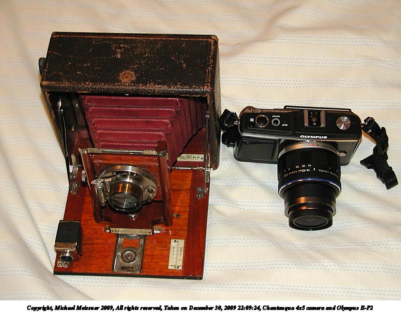 Chautauqua 4x5 camera and Olympus E-P2