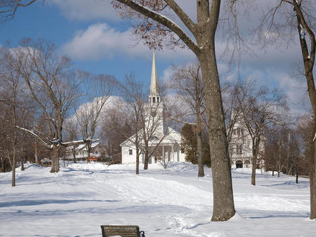 Harvard Unitarian church in the snow