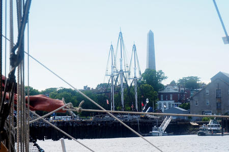 Bunker Hill Memorial and the U. S. S. Constitution in drydock