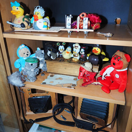 Stuffed animal mascots and steampunk camera boxes