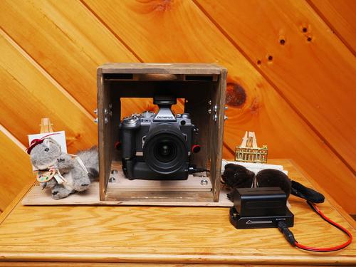 Steampunk camera with external power, front view