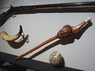 Cane, gun, powder horn